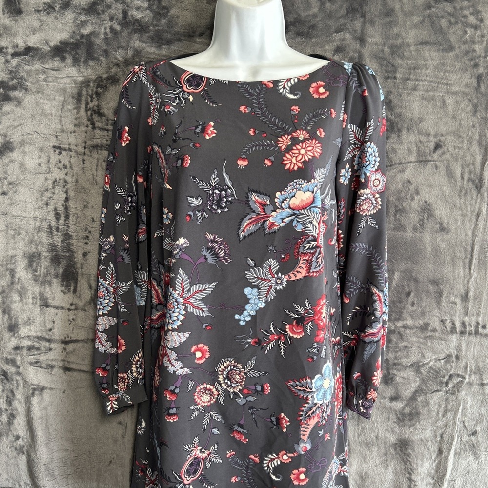 LOFT Women's 00P Petite Floral Micro Mini Dress Long Sleeve‎ Boho Zip Boat Neck - Picture 2 of 16